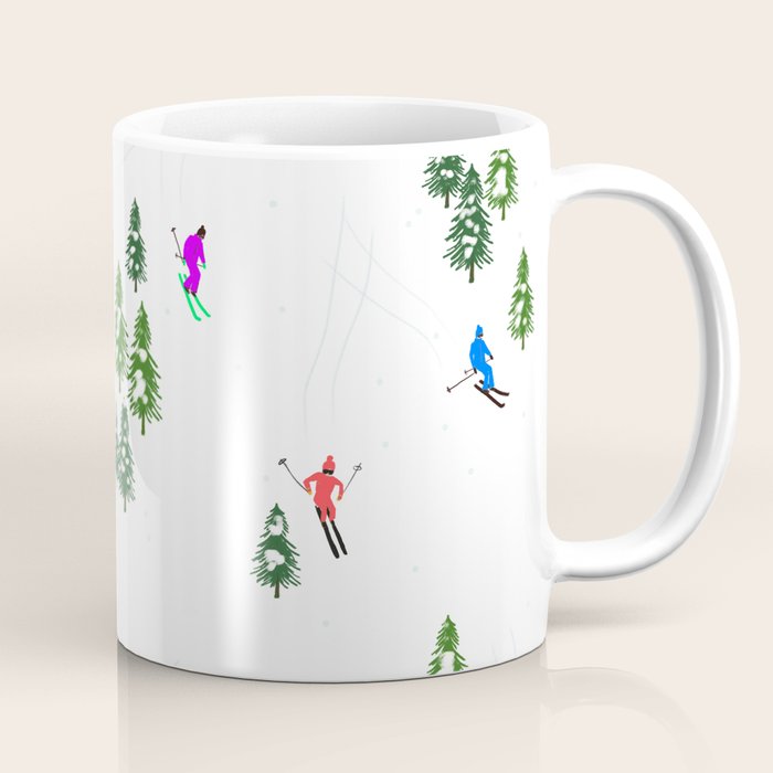 Downhill Mountain Aerial View Skiers - Winter skiing illustration Coffee Mug Gallery Image 1