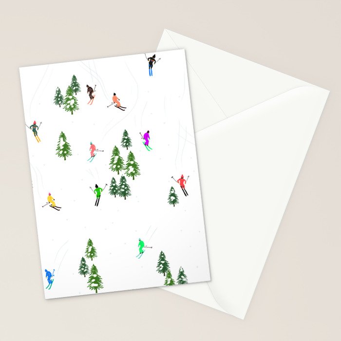 Downhill Mountain Aerial View Skiers - Winter skiing illustration Stationery Card Gallery Image 2