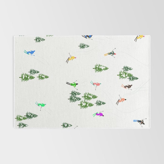 Downhill Mountain Aerial View Skiers - Winter skiing illustration Rug Gallery Image 2