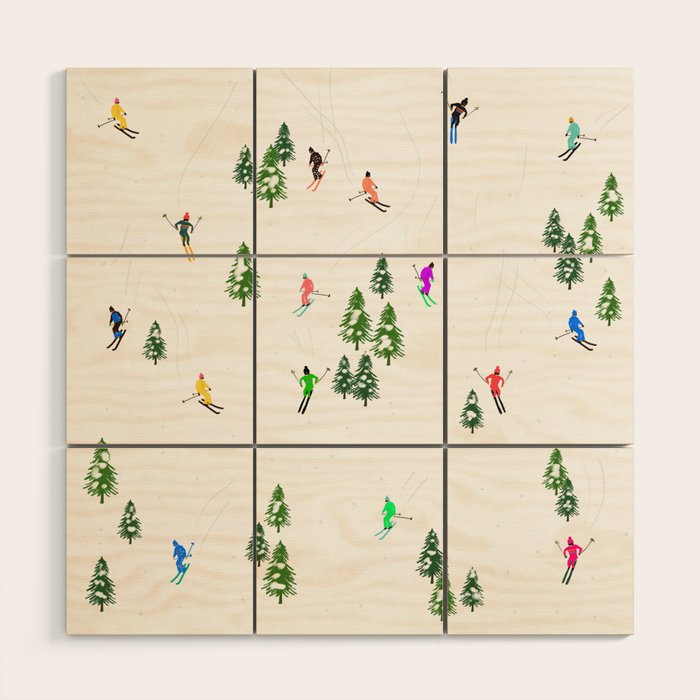 Downhill Mountain Aerial View Skiers - Winter skiing illustration Wood Wall Art Gallery Image 1