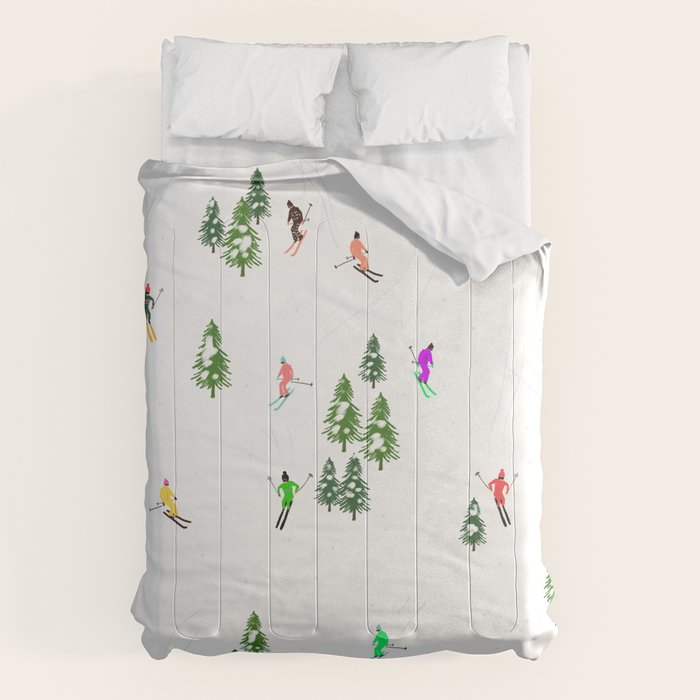 Downhill Mountain Aerial View Skiers - Winter skiing illustration Comforter Gallery Image 1