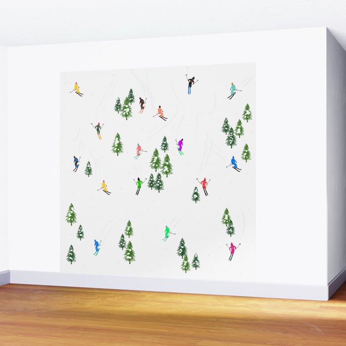 Downhill Mountain Aerial View Skiers - Winter skiing illustration Wall Mural Gallery Image 2