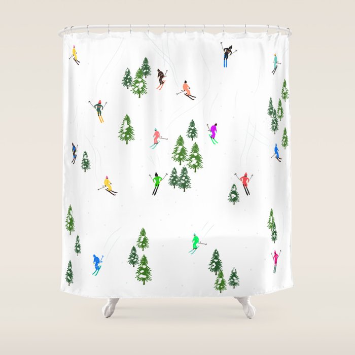 Downhill Mountain Aerial View Skiers - Winter skiing illustration Shower Curtain Gallery Image 1