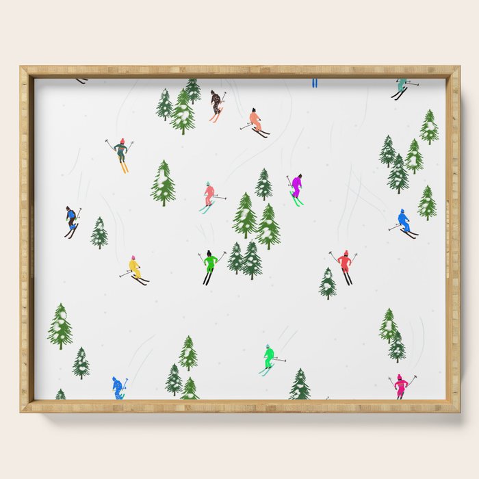 Downhill Mountain Aerial View Skiers - Winter skiing illustration Serving Tray Gallery Image 1