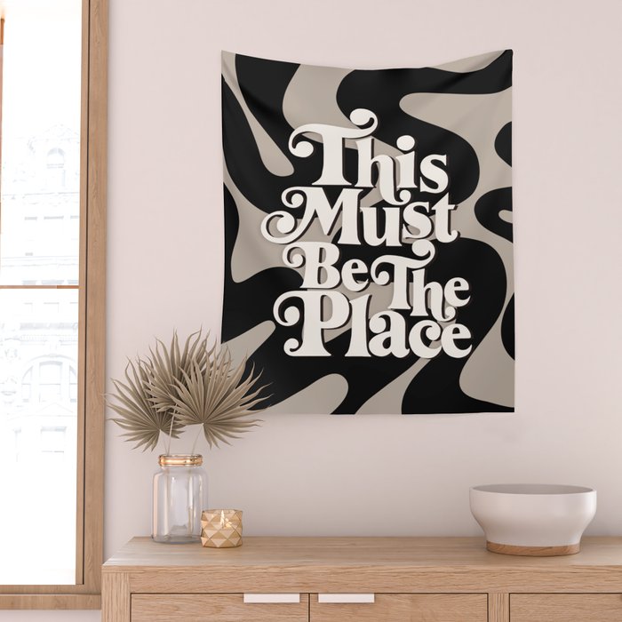 This Must Be The Place - 70s, Vintage, Retro, Abstract Pattern (Black & Beige) Wall Tapestry Gallery Image 2