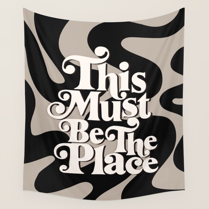 This Must Be The Place - 70s, Vintage, Retro, Abstract Pattern (Black & Beige) Wall Tapestry Gallery Image 1