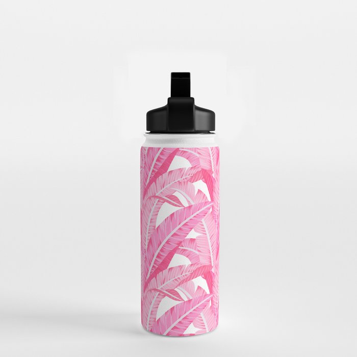 Pink banana leaves tropical pattern on white Water Bottle Gallery Image 2