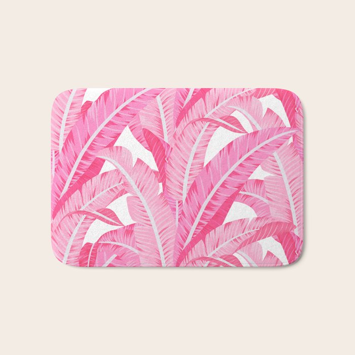 Pink banana leaves tropical pattern on white Bath Mat Gallery Image 1