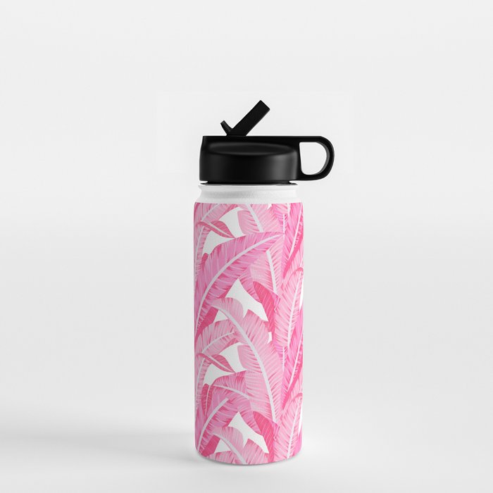 Pink banana leaves tropical pattern on white Water Bottle Gallery Image 1