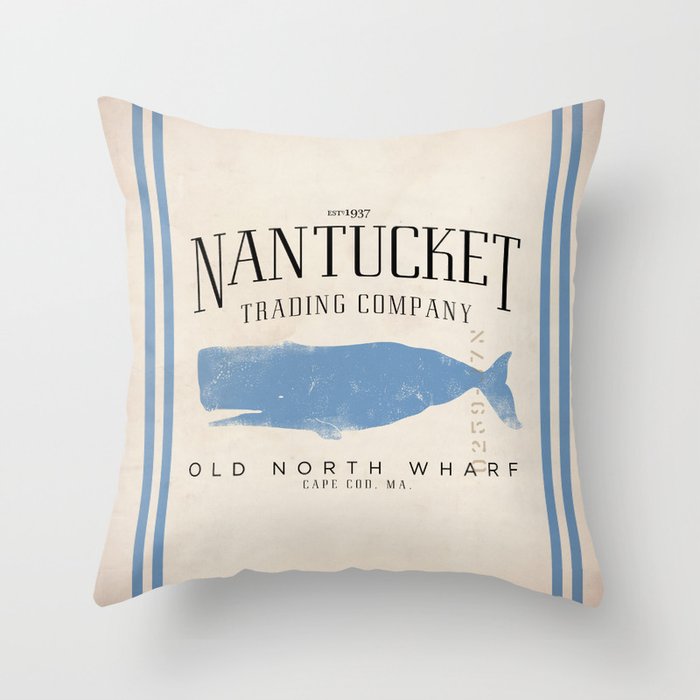 Nantucket whale nautical ocean wharf Massachusetts cottage beach house art Throw Pillow Gallery Image 1
