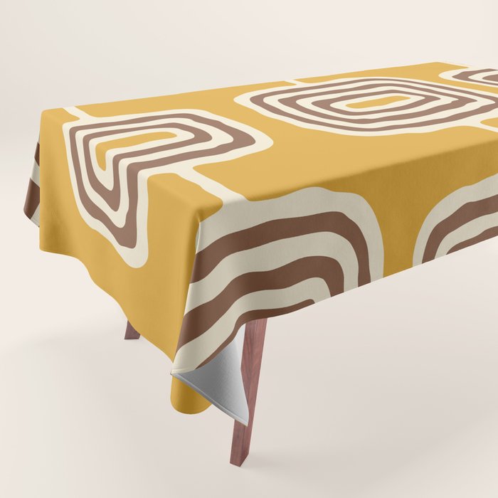 Mid Century Modern Atomic Rings Pattern 263 Yellow Brown and Beige Tablecloth