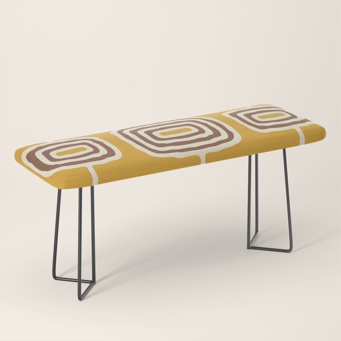 Mid Century Modern Atomic Rings Pattern 263 Yellow Brown and Beige Bench Gallery Image 1