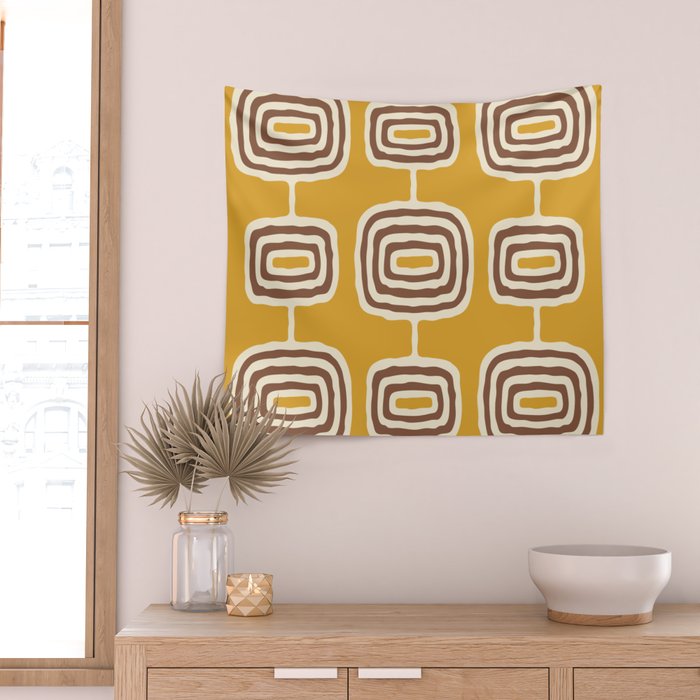 Mid Century Modern Atomic Rings Pattern 263 Yellow Brown and Beige Wall Tapestry Gallery Image 2