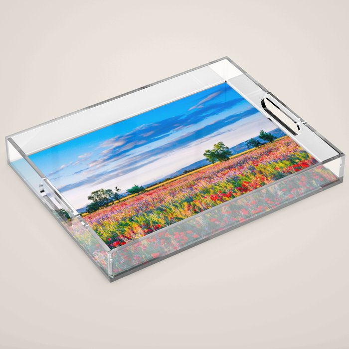 Red poppy field floral blossom landscape color photograph Acrylic Tray Gallery Image 1