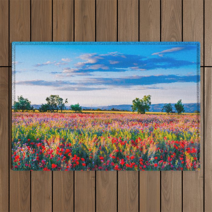 Red poppy field floral blossom landscape color photograph Outdoor Rug Gallery Image 1