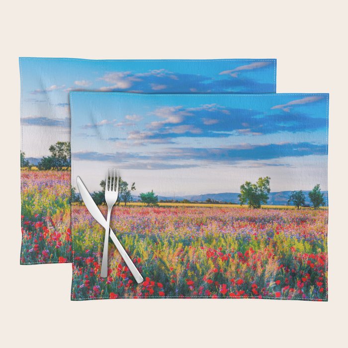 Red poppy field floral blossom landscape color photograph Placemat Gallery Image 1