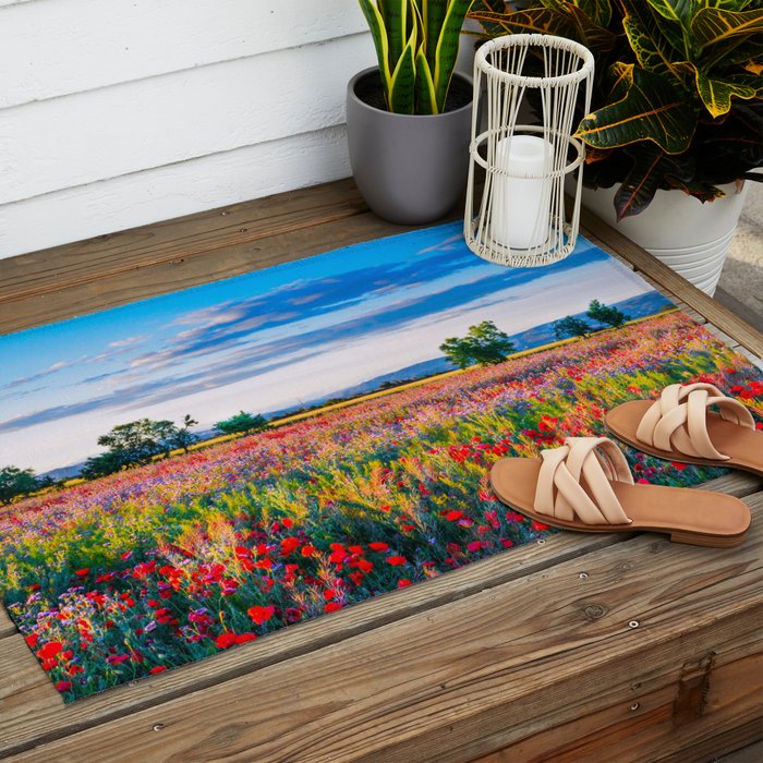 Red poppy field floral blossom landscape color photograph Outdoor Rug Gallery Image 2