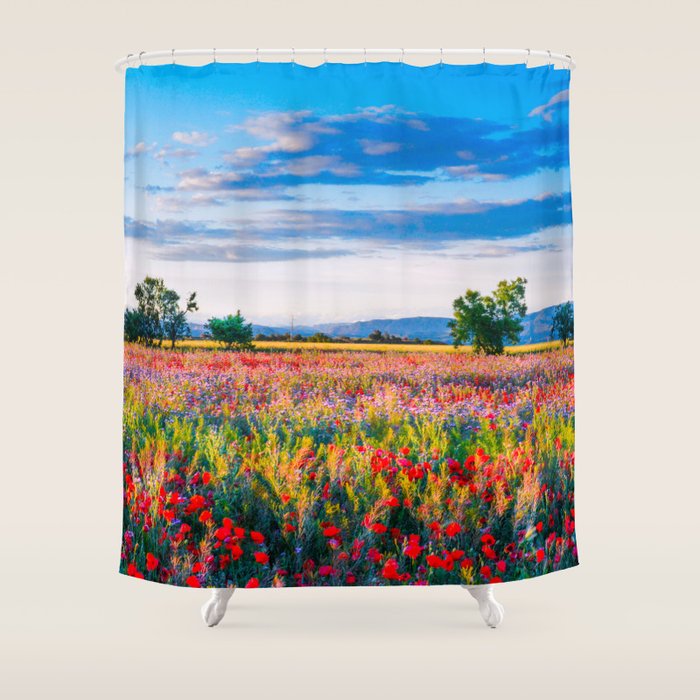 Red poppy field floral blossom landscape color photograph Shower Curtain Gallery Image 1
