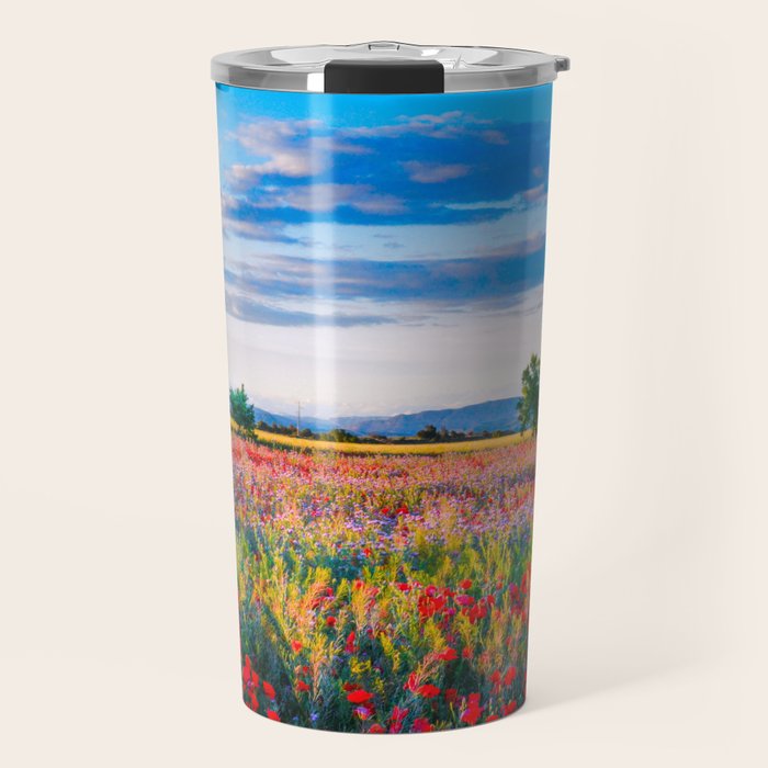 Red poppy field floral blossom landscape color photograph Travel Mug Gallery Image 1
