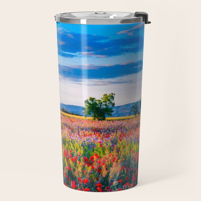 Red poppy field floral blossom landscape color photograph Travel Mug Gallery Image 2