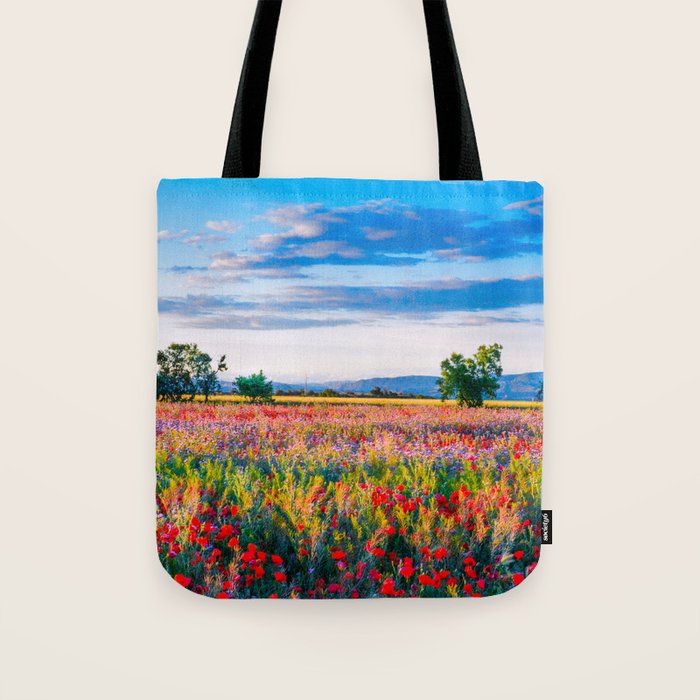 Red poppy field floral blossom landscape color photograph Tote Bag Gallery Image 1