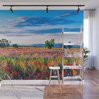 Red poppy field floral blossom landscape color photograph Wall Mural Gallery Image 1