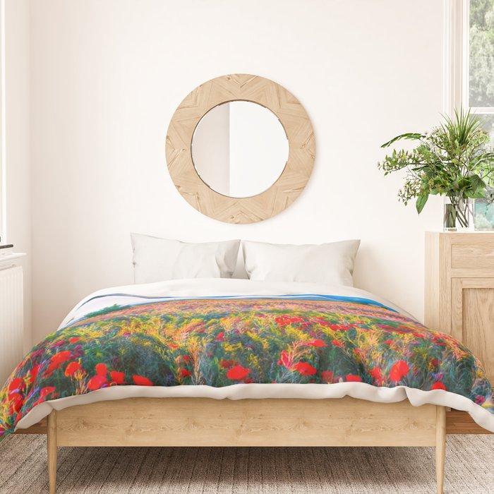 Red poppy field floral blossom landscape color photograph Duvet Cover Gallery Image 3