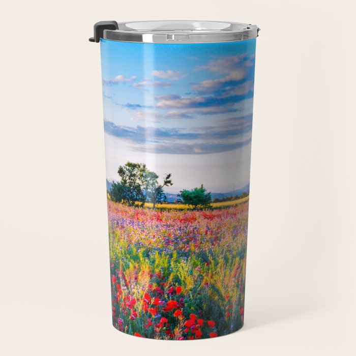 Red poppy field floral blossom landscape color photograph Travel Mug Gallery Image 3
