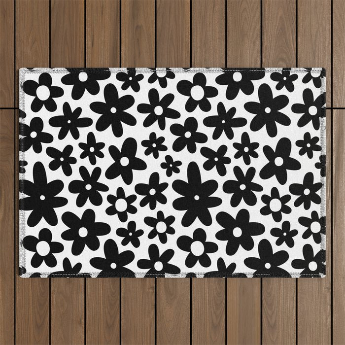 Black and white retro flower pattern Outdoor Rug Gallery Image 1