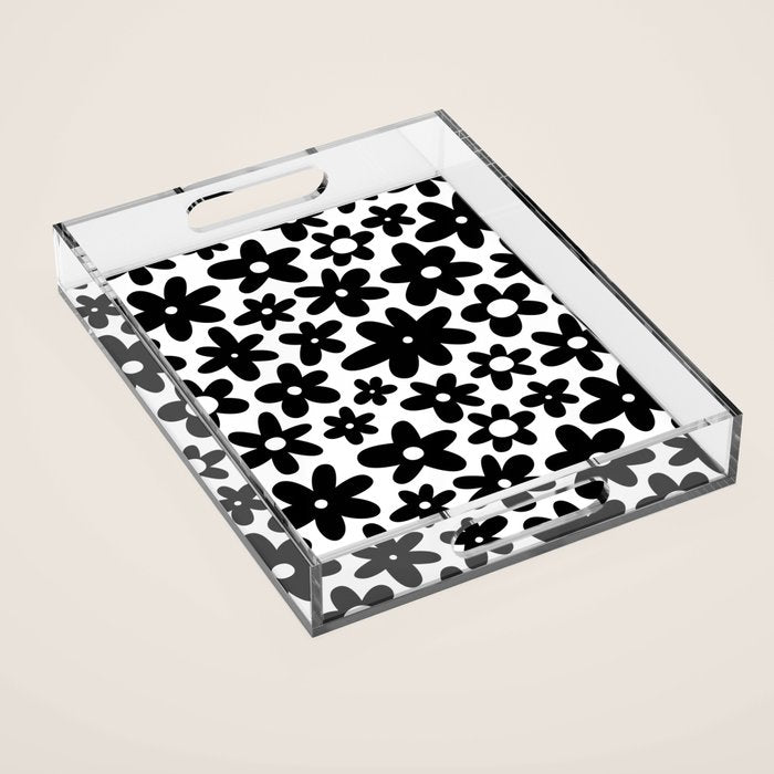 Black and white retro flower pattern Acrylic Tray Gallery Image 1