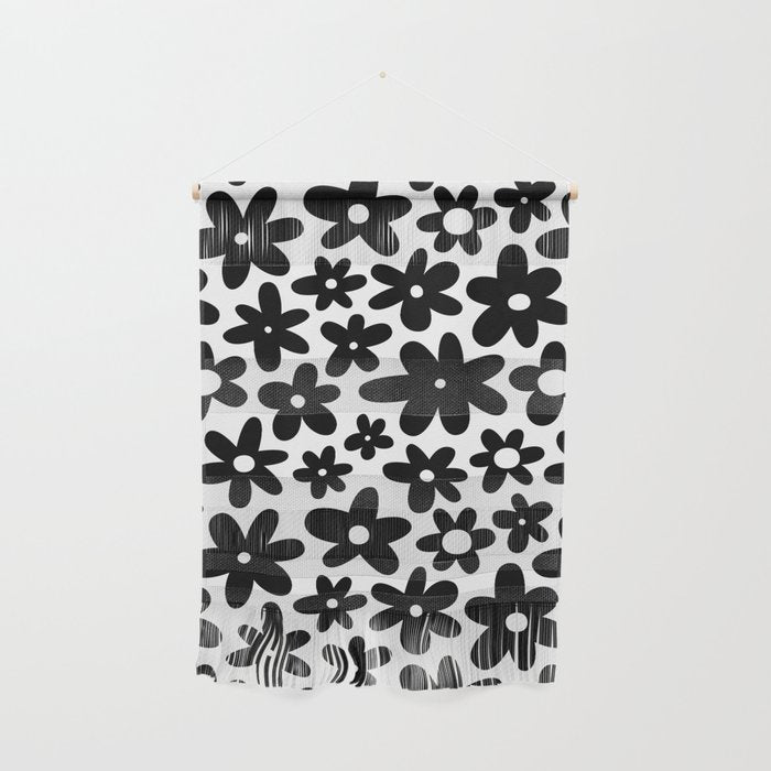 Black and white retro flower pattern Wall Hanging Gallery Image 1