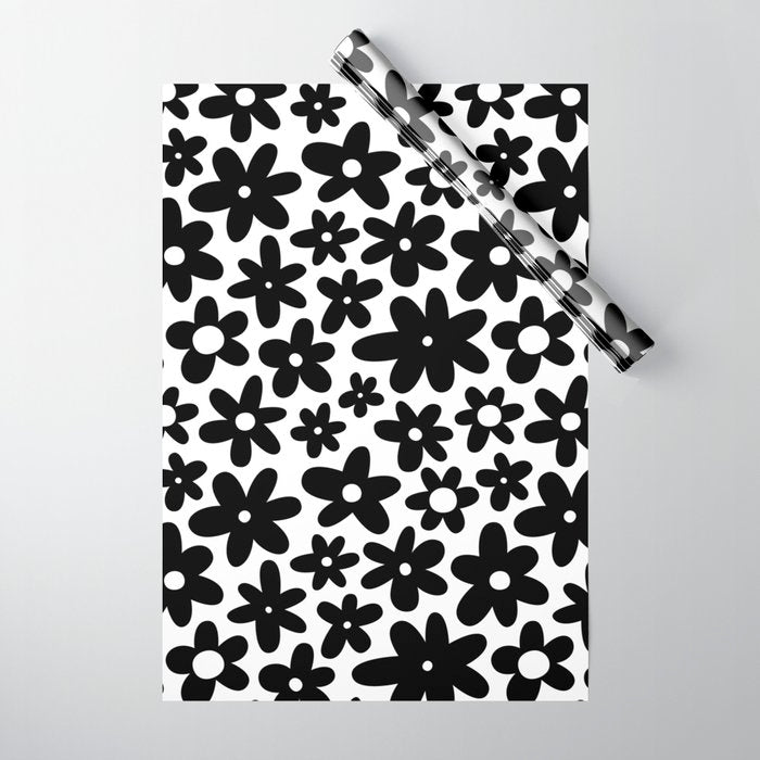 Black and white retro flower pattern Wrapping Paper Gallery Image 1