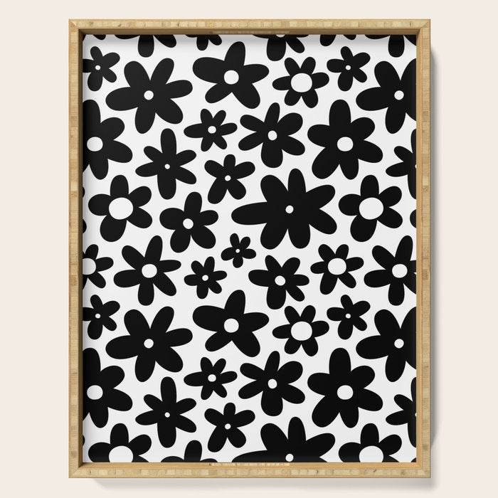 Black and white retro flower pattern Serving Tray Gallery Image 1