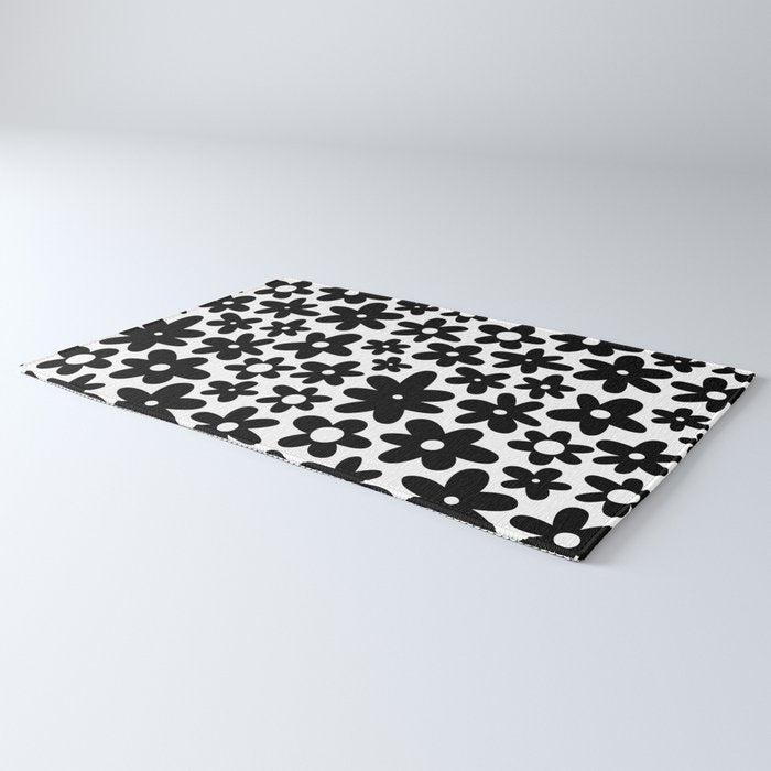 Black and white retro flower pattern Rug Gallery Image 3