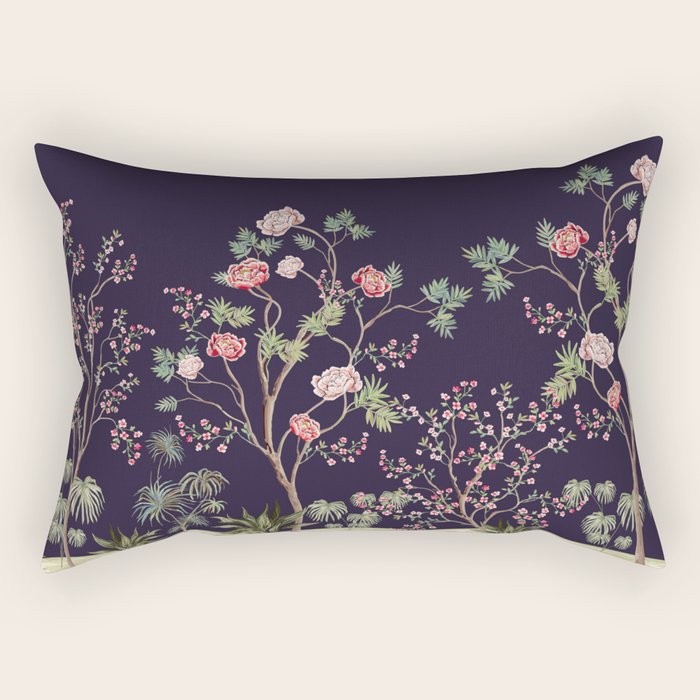 Chinoiserie Dark Blooming Peony Floral Fresco Garden Rectangular Pillow Gallery Image 1
