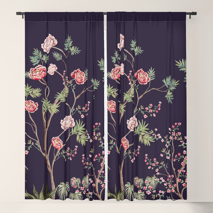 Chinoiserie Dark Blooming Peony Floral Fresco Garden Window Curtain Gallery Image 5