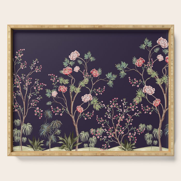 Chinoiserie Dark Blooming Peony Floral Fresco Garden Serving Tray Gallery Image 1