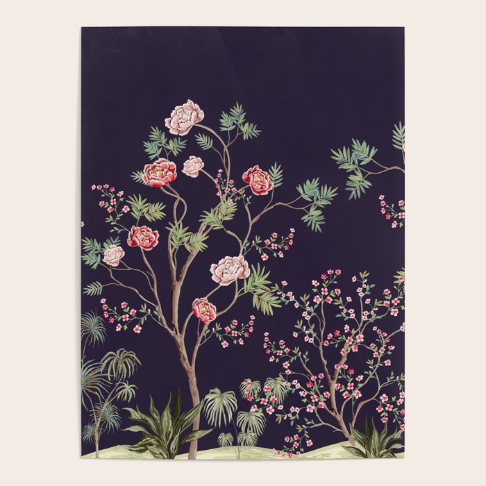 Chinoiserie Dark Blooming Peony Floral Fresco Garden Poster Gallery Image 1