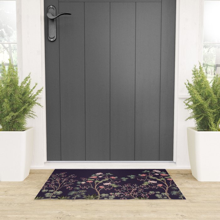 Chinoiserie Dark Blooming Peony Floral Fresco Garden Welcome Mat Gallery Image 3