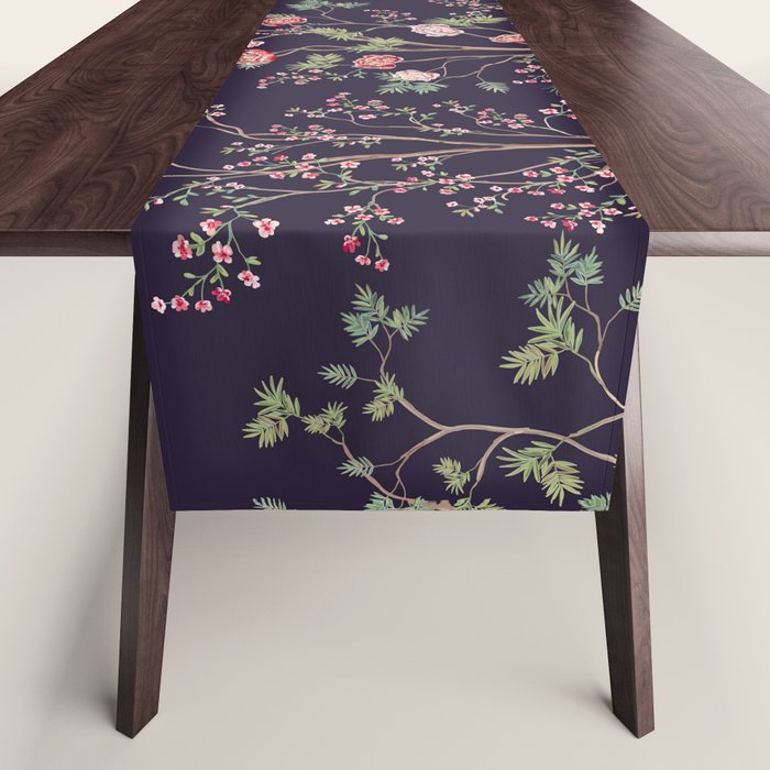 Chinoiserie Dark Blooming Peony Floral Fresco Garden Table Runner Gallery Image 1