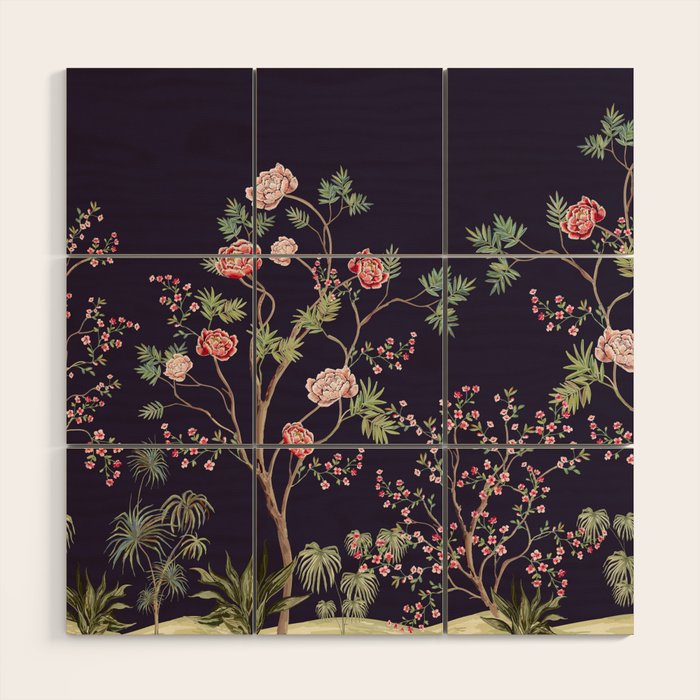 Chinoiserie Dark Blooming Peony Floral Fresco Garden Wood Wall Art Gallery Image 1