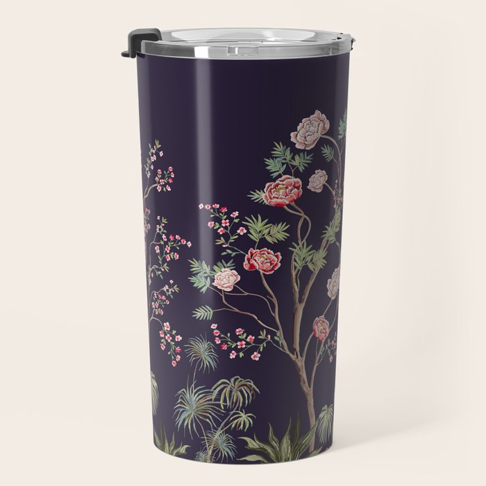 Chinoiserie Dark Blooming Peony Floral Fresco Garden Travel Mug Gallery Image 3
