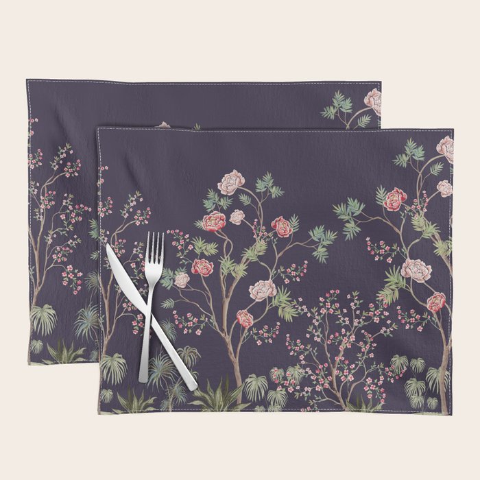 Chinoiserie Dark Blooming Peony Floral Fresco Garden Placemat Gallery Image 1