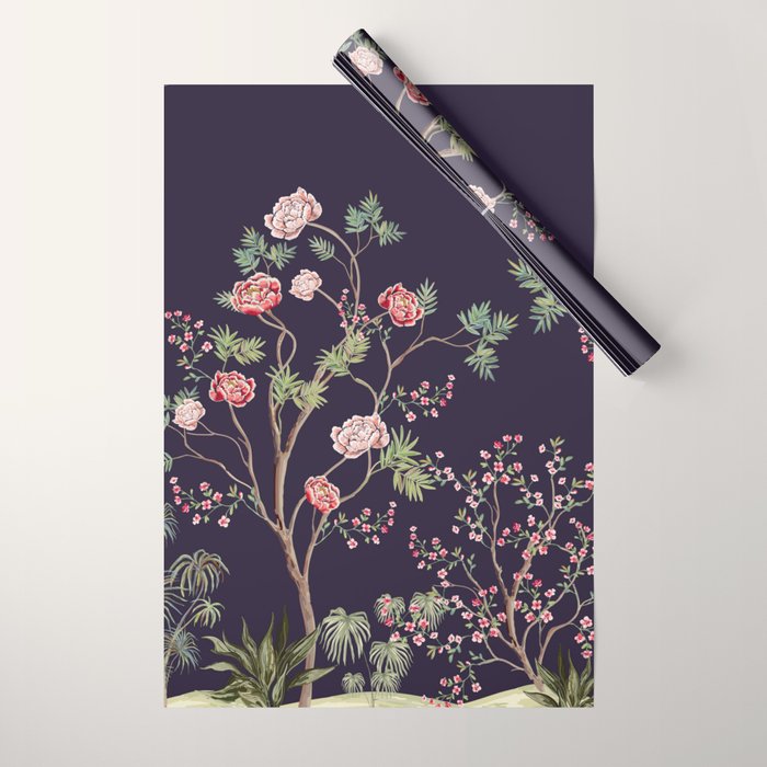 Chinoiserie Dark Blooming Peony Floral Fresco Garden Wrapping Paper Gallery Image 1
