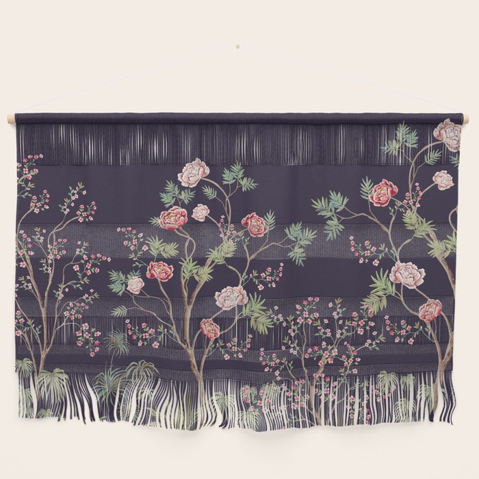 Chinoiserie Dark Blooming Peony Floral Fresco Garden Wall Hanging Gallery Image 1