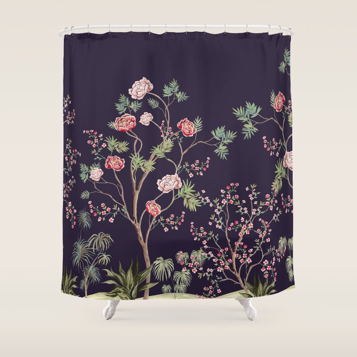 Chinoiserie Dark Blooming Peony Floral Fresco Garden Shower Curtain Gallery Image 1