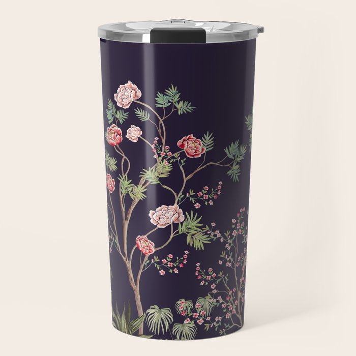 Chinoiserie Dark Blooming Peony Floral Fresco Garden Travel Mug Gallery Image 1