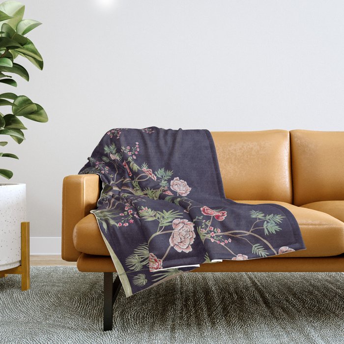 Chinoiserie Dark Blooming Peony Floral Fresco Garden Throw Blanket Gallery Image 1