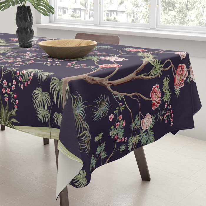 Chinoiserie Dark Blooming Peony Floral Fresco Garden Tablecloth Gallery Image 3