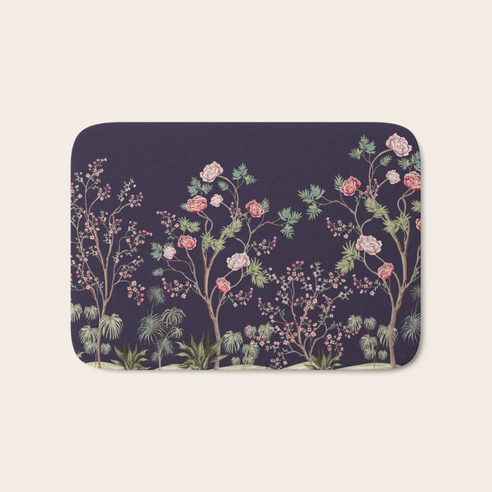 Chinoiserie Dark Blooming Peony Floral Fresco Garden Bath Mat Gallery Image 1